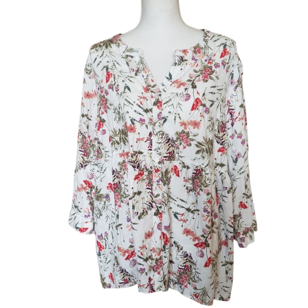 JONES NEW YORK Top Plus Size 2x Floral Roll Tap Sleeve Button Linen Blend Blouse